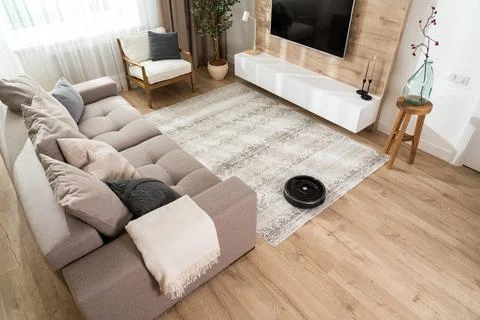 Interesting top view of the interior of a new living room in light beige and Stock Photos