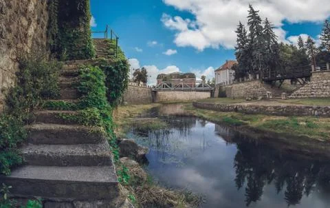 Interesting view of Timok river and one of the many bridges in town of Knjazevac 写真素材