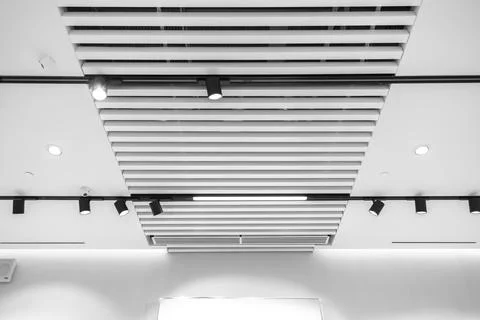 Interesting white lath ceiling with modular light fixtures Fotos Stock