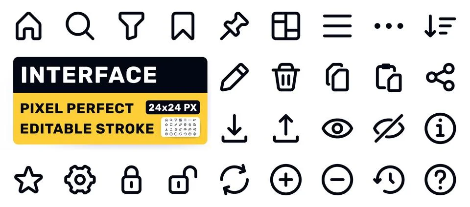 Interface action line icon set. Home, search, bookmark, dashboard, menu, edit Ilustración de archivo