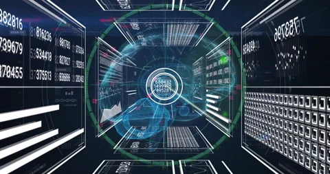 Interface activating reticle emerging rotating brain hologram panels streaming Stock Footage 312639309
