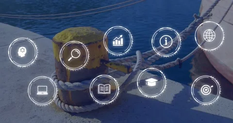 On interface activation UI icons appearing over yellow bollard ropes forming Stock Footage 328396748