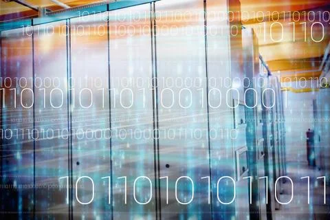 Interface against digitally generated black and blue matrix Illustrazione stock