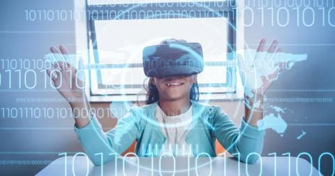 Interface against girl using a virtual reality device Stockfoto's