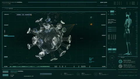 Interface of an analysis system identifying coronavirus cells in an ill patient Stock Footage 168399744