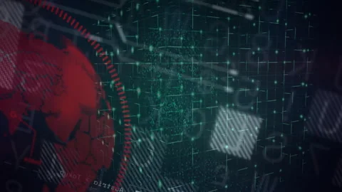 Interface animating red globe, streaming binary code over grid nodes with Stock Footage 309287994