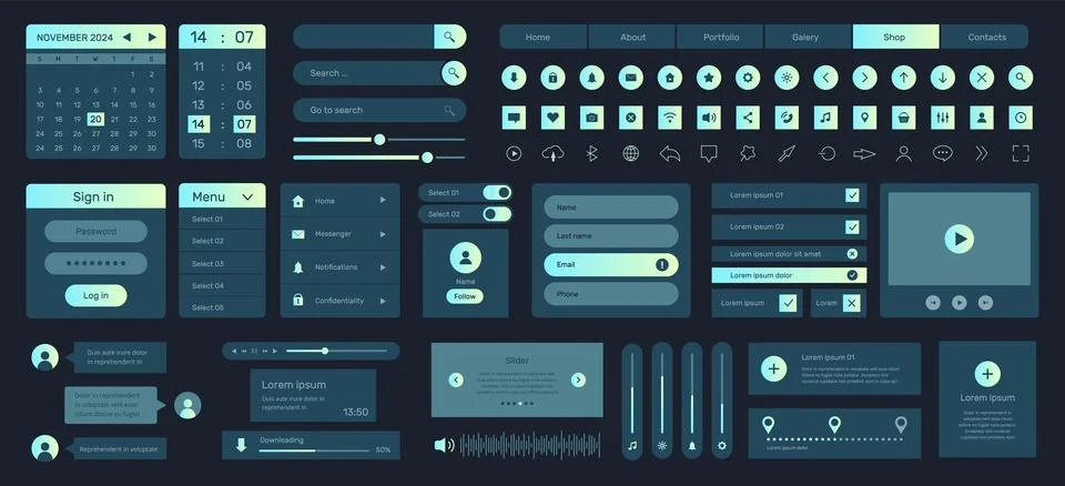 Interface app. UI navigation. Search bar. Registration login frame. Calenda.. Stock Illustration