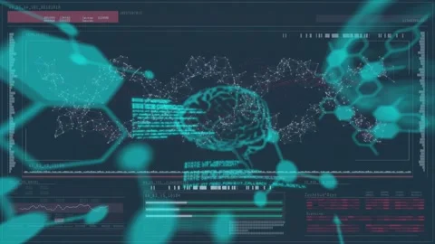 Interface appearing, code scrolling and molecules fading, nodes merging into Stock Footage 327127975