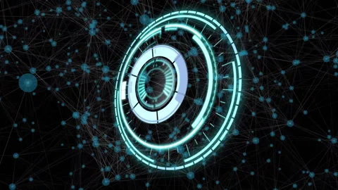On interface appearing, disc spinning and pulsing rings visualizing network data Stock Footage 314408075
