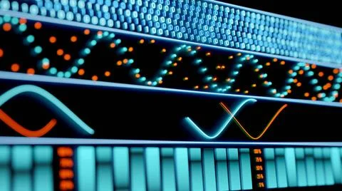 Interface with binary code, curves, lines, oscillator and bar graphs. Inte... Stock Photos