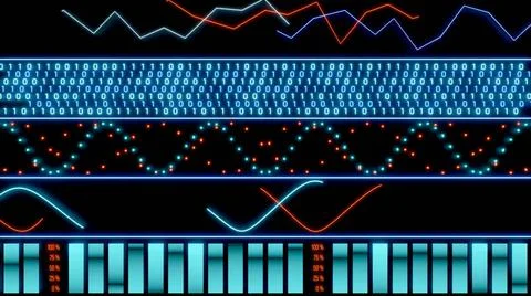 Interface with binary code, curves, lines, oscillator and bar graphs. Inte... Stock Photos