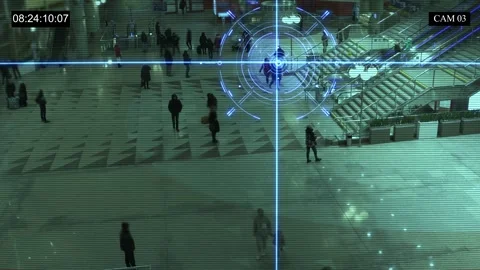 Interface of biometric face recognition program. Screen of video surveillance Stock Footage 295208395