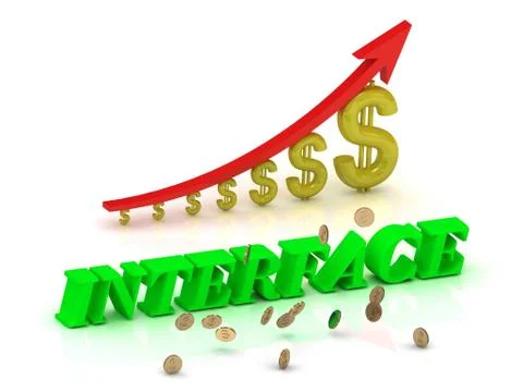 INTERFACE- bright color letters and graphic growing dollars and red arrow on Stock Illustration