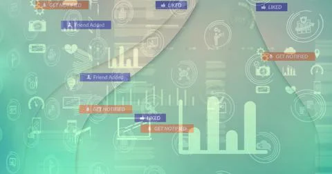 Interface with data processing over multiple speech bubbles floating against Stock Illustration