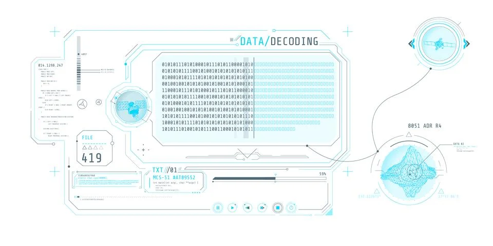 Interface for decoding object data received from satellite. Illustrazione stock