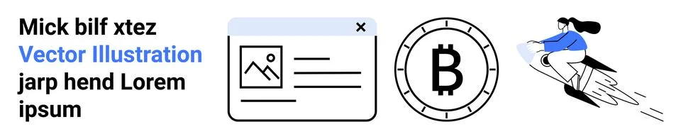 Interface design with photo and text layout, Bitcoin symbol, and person on a  Illustrazione stock