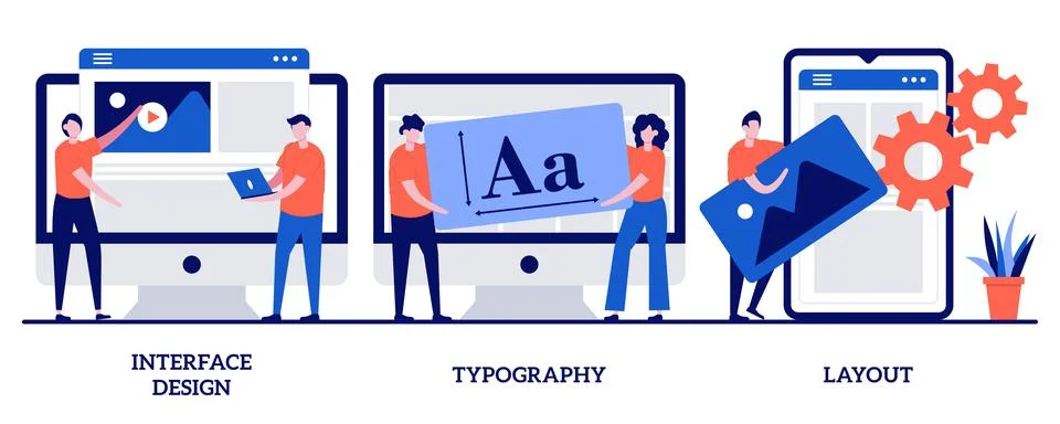Interface design, typography and layout concept with tiny people. UI design.. Stock Illustration
