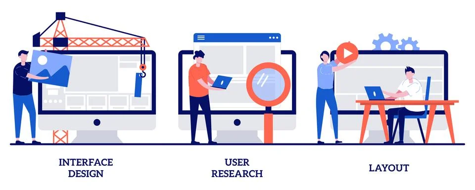 Interface design, user research, layout concept with tiny people. User inte.. Stock Illustration