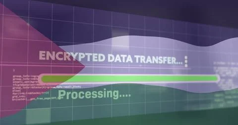 Interface displaying encrypted data transfer processing on screen, with green Stock Illustration