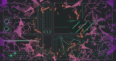 Interface displaying floating network nodes and data readouts, showing code Stock Footage 307438193