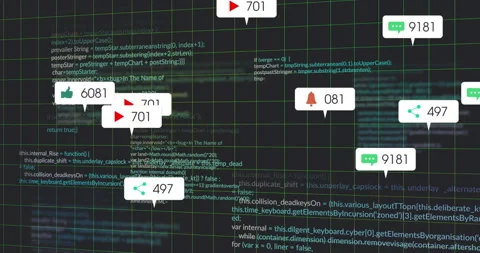 Interface displaying floating speech bubbles over green grid showing JS code and Stock Footage 307468762