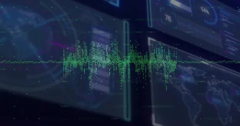 Interface displaying green waveform in control center, with holographic Stockfoto's