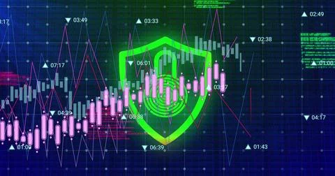 Interface displaying pink?white candlesticks, purple?blue lines on grid with Stockillustratie