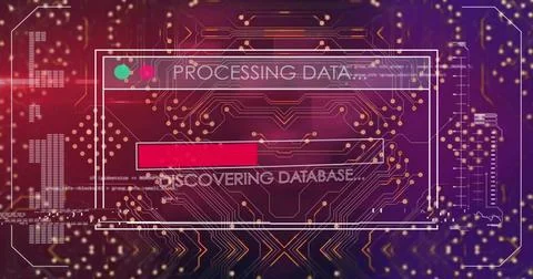 Interface displaying processing data text above red progress bar amid glowing Photos
