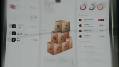 Interface displaying vital signs, medication logs and a 3D medical icon Stock Footage 335893334