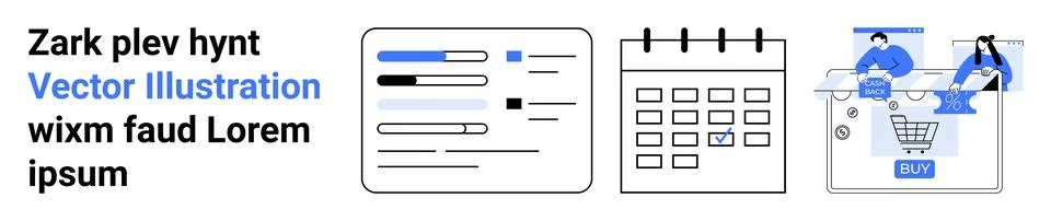Interface elements include a data dashboard, a calendar, and an online shoppi Stock Illustration