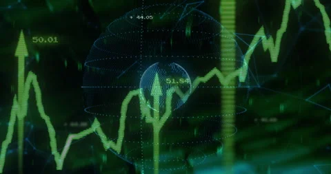 Interface emerging triggers rotating globe showing climbing chart with rising Stock Footage 311224030