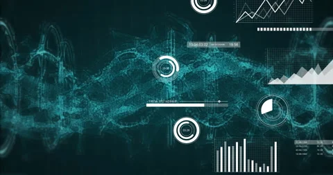 Interface fading in, turquoise waveform powering concentric ring meters Stock Footage 314453835
