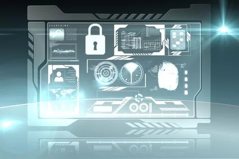 Interface is floating, reflecting padlock fingerprint charts, blueprints and Foto stock