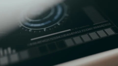 Interface with a glowing circular gauge and digital data code Vídeo Stock 329283874