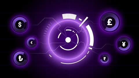 Interface with glowing currency icons around futuristic circular control center イラスト素材