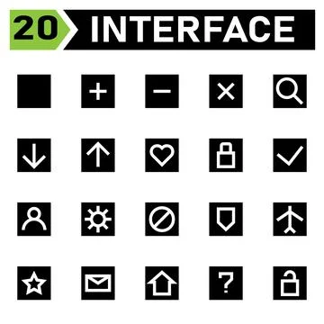 Interface icon include blank, square, interface, plus, add, new, open, minus, Stock Illustration