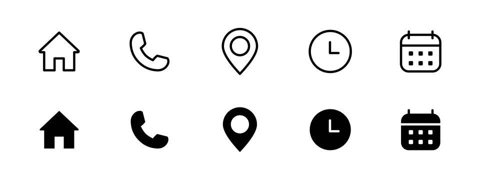 Interface icon set. Phone receiver, home, location pin, clock and calendar .. イラスト素材