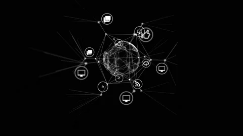 Interface Icons Changing on Digital Sphere Rotating in Network Connections with Stock Footage 95689090