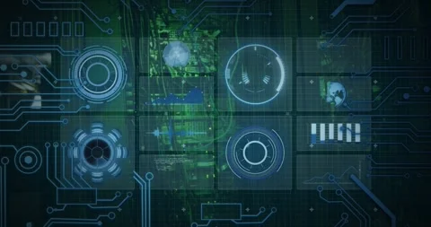 Interface initializing grid animating circuit traces updating UI elements Stock Footage 316624034