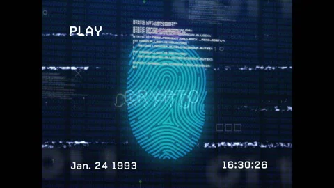 Interface initiating fingerprint scan with glitch bars, red code lines cascading Stock Footage 311664158