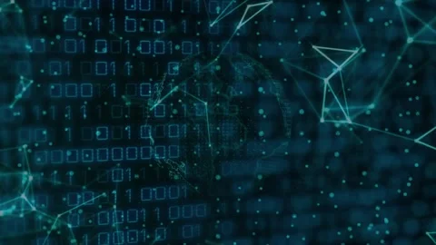 Interface initiating globe rotating eastward, binary pulsing, mesh adjusting Stock Footage 319682496