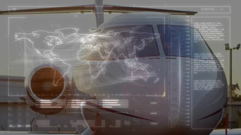 Interface initiating holographic map fading over jet, scanning flight routes Stock Footage 315535885