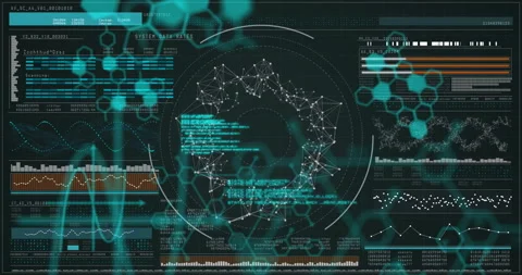 On interface launch GUI panels animating while central node network growing Stock Footage 311417016