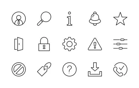 Interface Line Icons. User, Search Info, Star, Bell, Lock Alert. Editable Stroke Ilustración de archivo