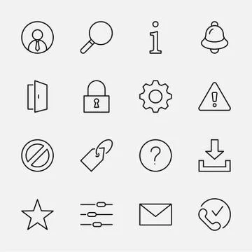 Interface Line Icons. User, Search Info, Star, Bell, Lock Alert. Editable Str Ilustración de archivo