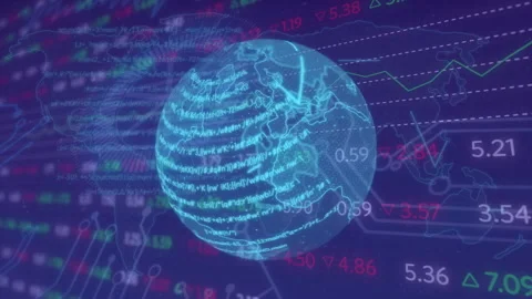 On interface load 3D globe rotating right while scrolling data bands and Stock Footage 313240267