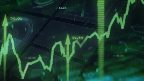 On interface load, green line graph oscillating peaks with up arrows showing Stock Footage 315535738