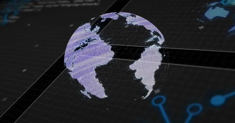 Interface loading, 3D globe rotating over grid, revealing overlay panels, blue Stock Footage 332280987