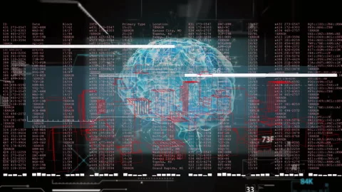 On interface loading holographic brain rotating while data scrolling and Stock Footage 315788770