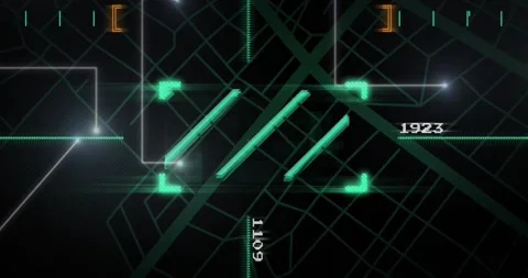 Interface loading HUD, neon bars pulsing, reticle targeting, readout updating, Stock Footage 317593511